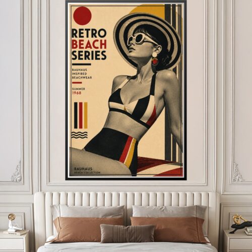 Bauhaus retro beach poster featuring a stylized woman in geometric beachwear with wide-brimmed hat and sunglasses, surrounded by black, red, and gold geometric shapes on cream background, labeled Summer 1968.