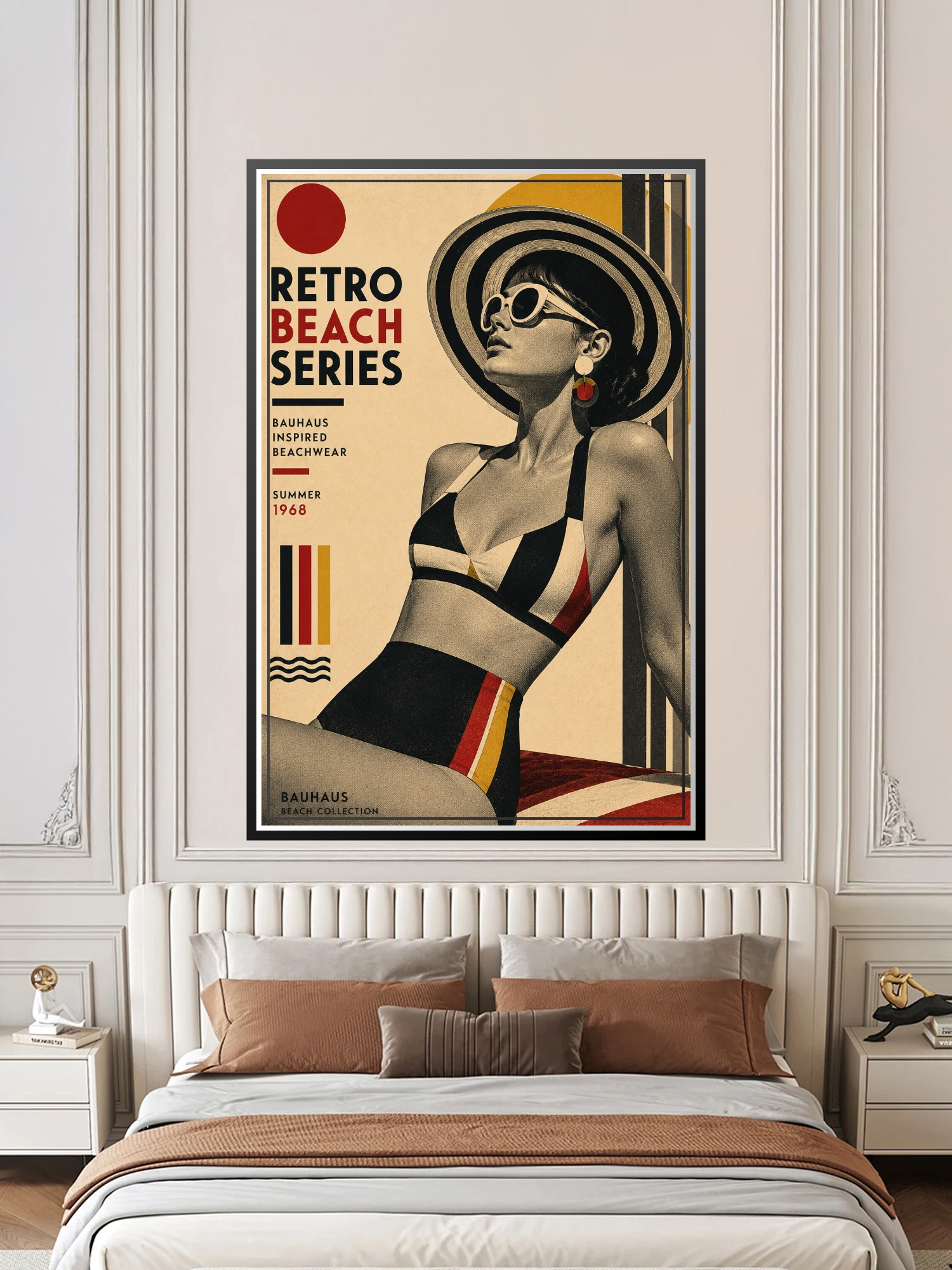 Bauhaus retro beach poster featuring a stylized woman in geometric beachwear with wide-brimmed hat and sunglasses, surrounded by black, red, and gold geometric shapes on cream background, labeled Summer 1968.