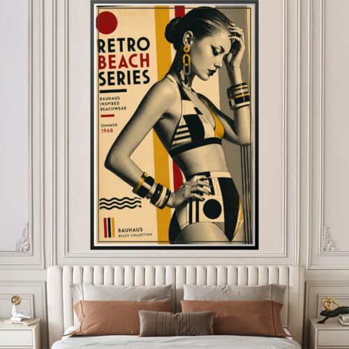 Bauhaus-style retro beach poster featuring a woman in geometric striped swimwear with bold yellow, red, and black color blocking, 1968 vintage beachwear design.