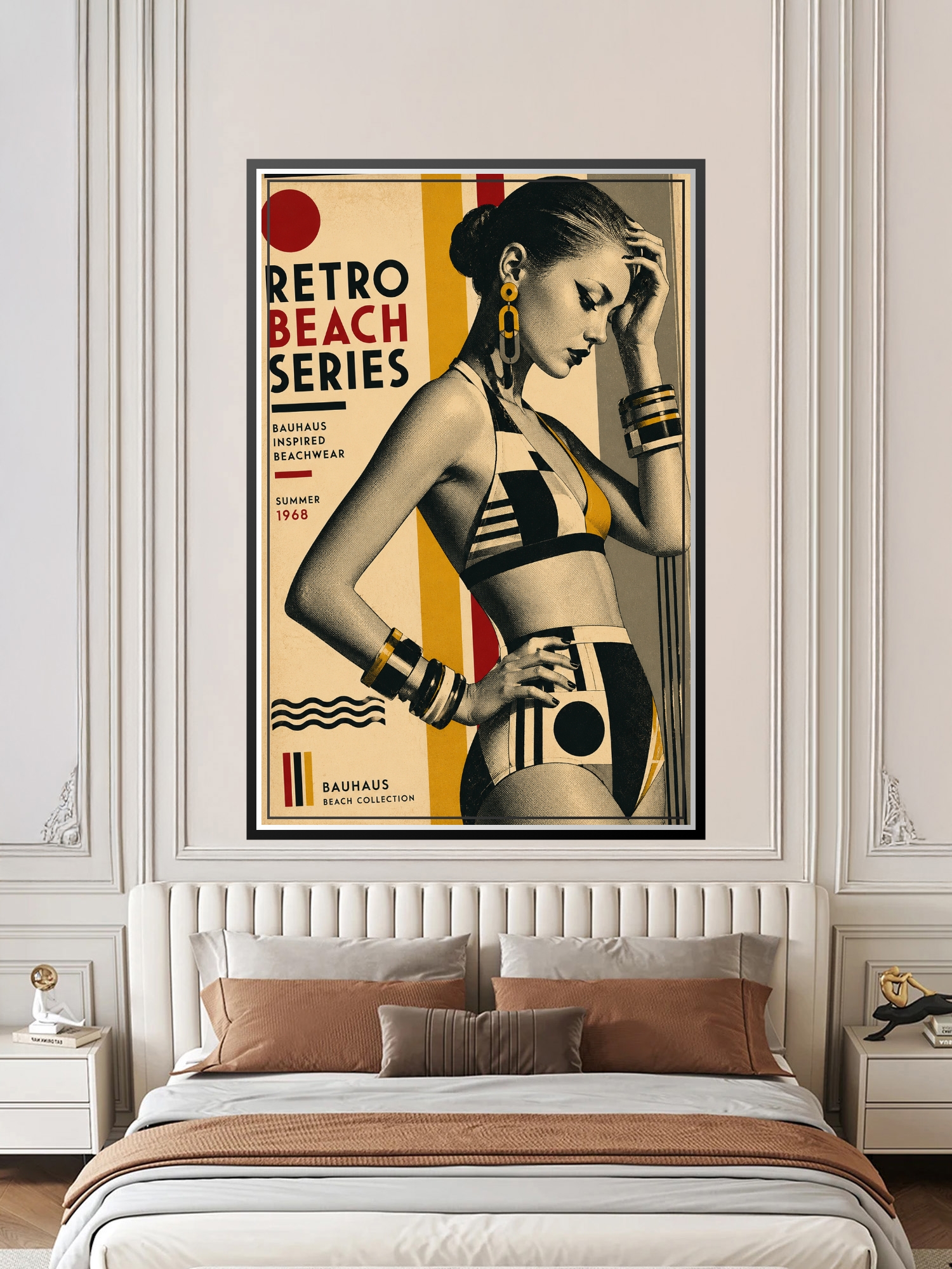 Bauhaus-style retro beach poster featuring a woman in geometric striped swimwear with bold yellow, red, and black color blocking, 1968 vintage beachwear design.