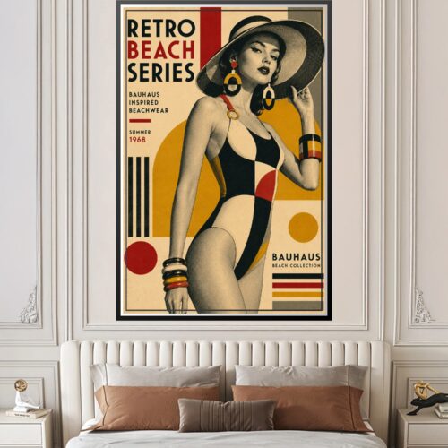 Vintage Bauhaus retro beach poster featuring a woman in black and cream swimsuit with geometric shapes in red, gold, and charcoal, 1968 inspired wall art.