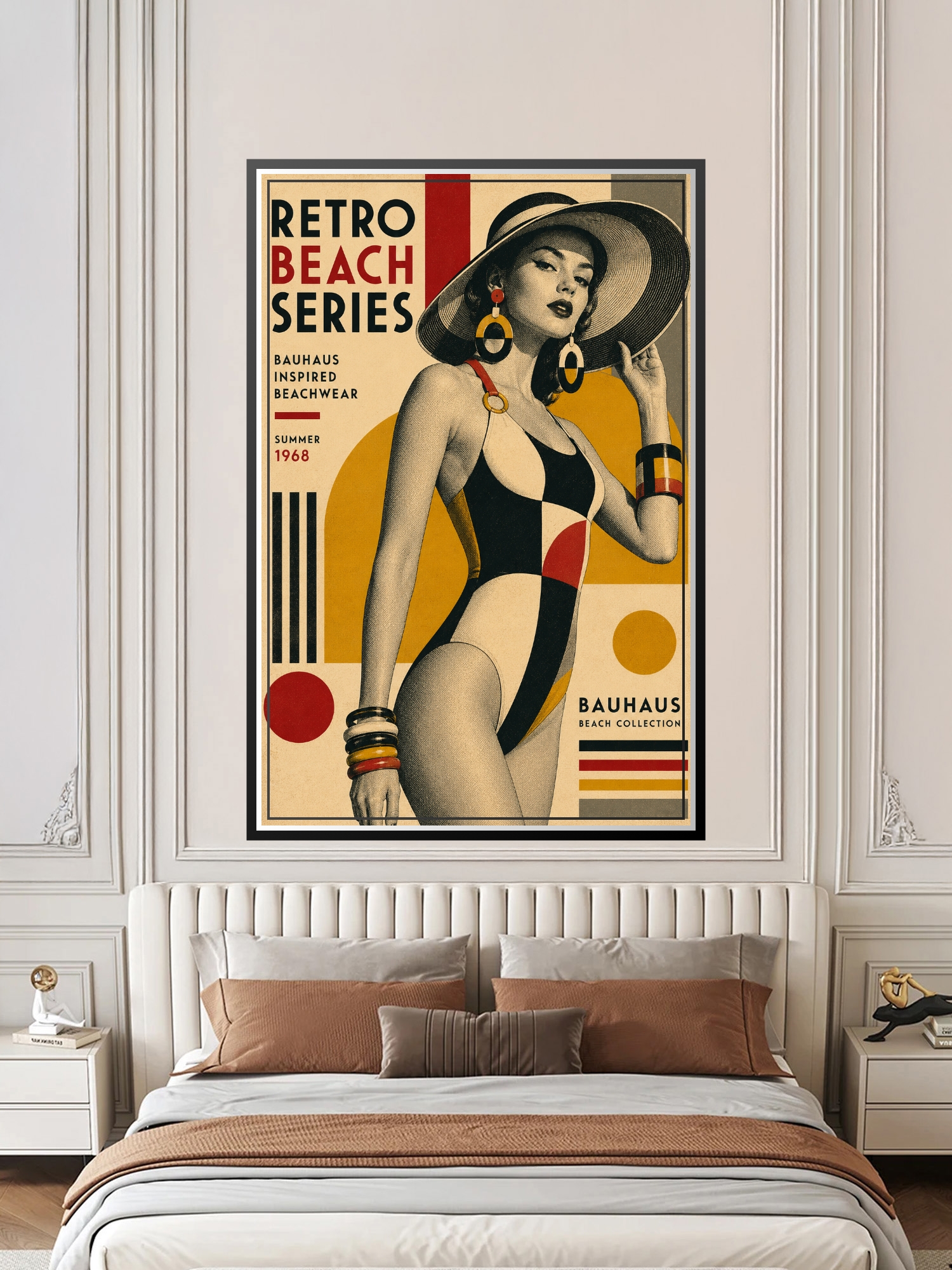 Vintage Bauhaus retro beach poster featuring a woman in black and cream swimsuit with geometric shapes in red, gold, and charcoal, 1968 inspired wall art.