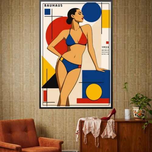 Bold Bauhaus woman portrait with geometric shapes in navy, red, and gold on cream background with modernist design elements.