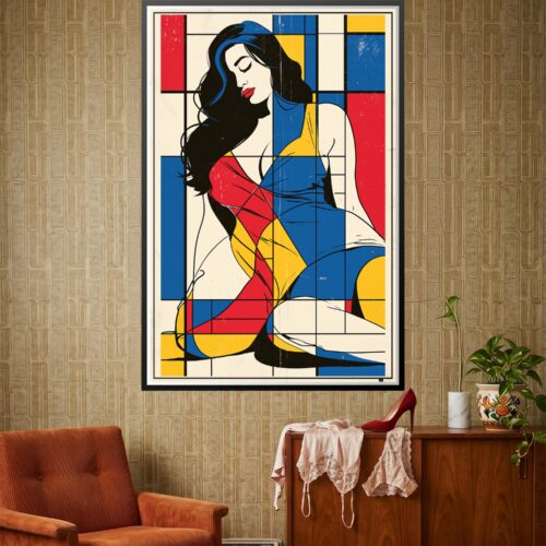 Bauhaus style portrait of a woman with flowing black hair integrated into geometric shapes in red, blue, and yellow with black grid lines.