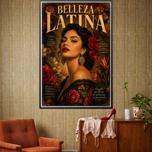 Elegant woman in vintage baroque style portrait surrounded by red and gold botanical florals with ornate gold jewelry, celebrating Latin American cultural heritage.
