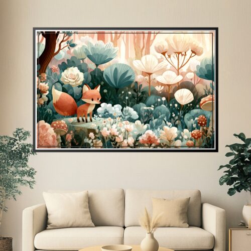 Whimsical boho illustration of a red fox in an enchanted forest garden surrounded by oversized flowers, mushrooms, and lush botanical details in watercolor style with coral and sage tones.