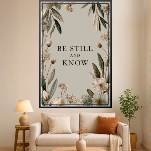 Botanical wall art poster with delicate white flowers, sage green leaves, and inspirational text reading 'Be Still and Know' on soft neutral background.