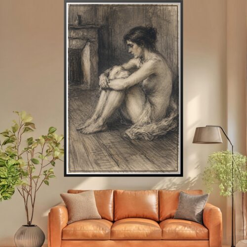 Classical sketch of a seated nude figure in contemplative pose, rendered in expressive ink cross-hatching and wash technique with interior background.