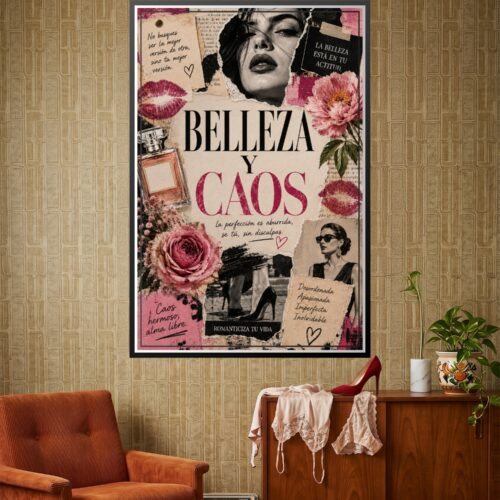 Bold collage poster featuring black-and-white female portraits, pink roses, perfume bottle, and Spanish text reading 'Belleza y Caos' with inspirational affirmations on cream and pink textured background.