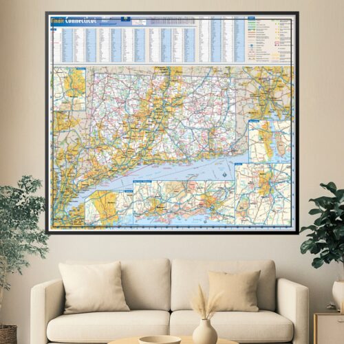 Detailed Connecticut road map poster showing highways, towns, county boundaries, and geographic features in yellow, blue, and earth tones with comprehensive index and legend.