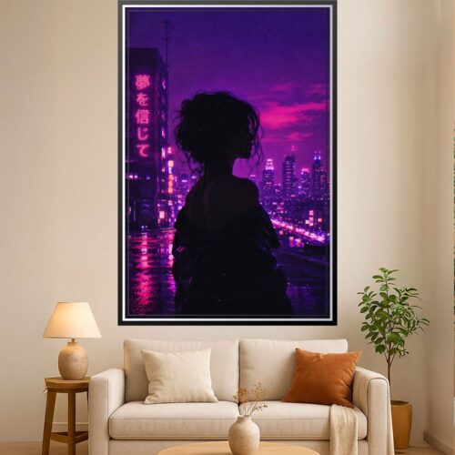 Silhouette of a figure standing on a rooftop overlooking a neon-lit purple and magenta cyberpunk cityscape with Japanese characters glowing on a building.