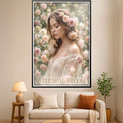 Serene portrait of a woman with flowing hair adorned with pale pink and cream roses, surrounded by a soft blurred garden of blooming flowers.