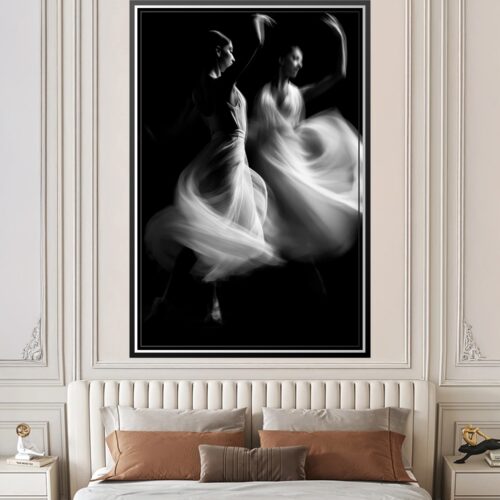 Expressionist black-and-white poster of two dancers in motion with flowing fabric and ethereal blur effects against a dark background.