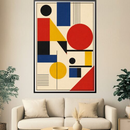 Bold geometric abstract wall art with red circles, navy rectangles, and golden yellow shapes on cream background with black lines and organic forms.