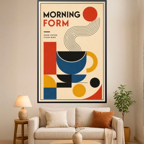 Geometric morning coffee poster featuring bold shapes in navy, yellow, red, and black with a cream background and uplifting text.