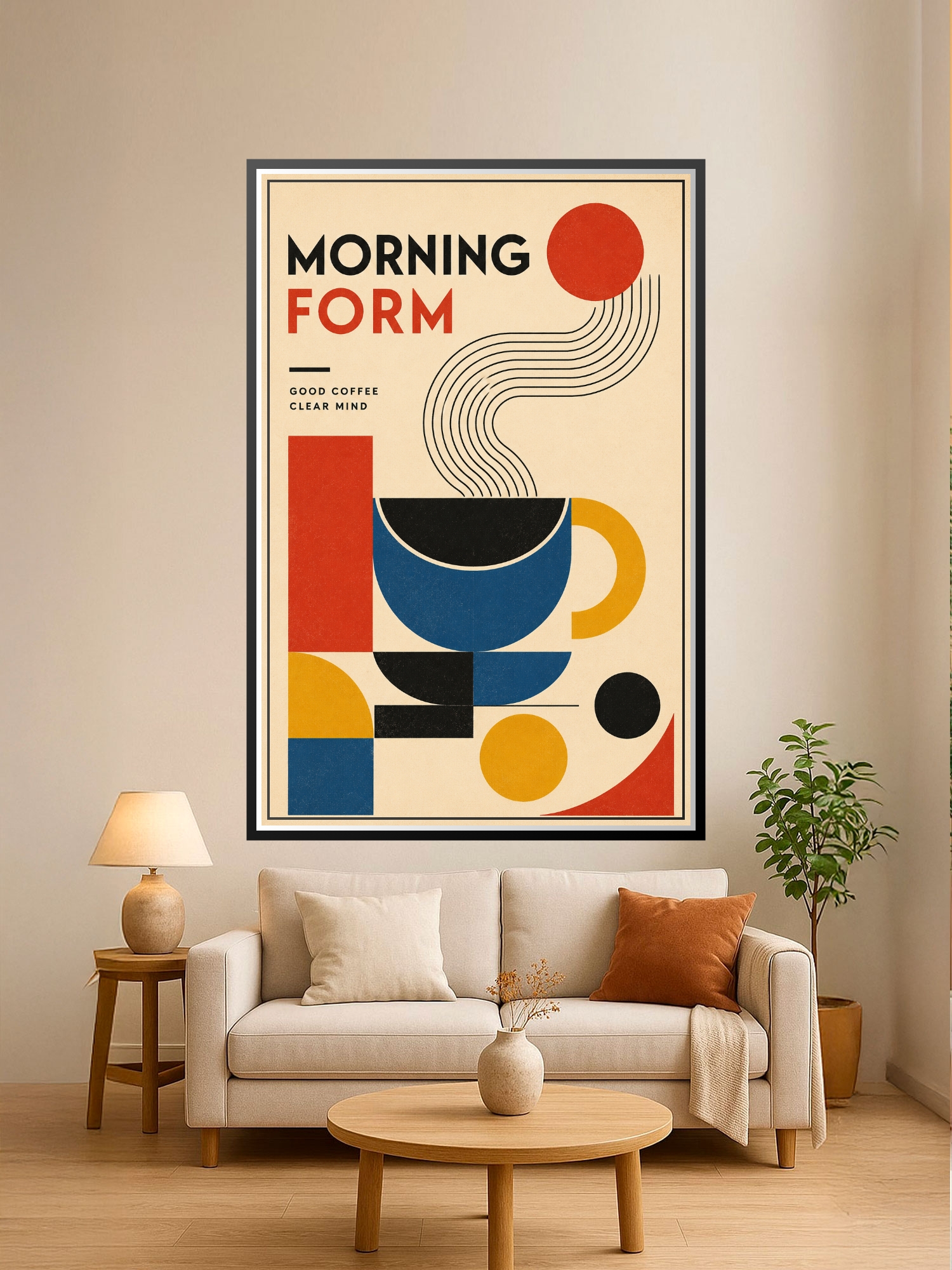 Geometric morning coffee poster featuring bold shapes in navy, yellow, red, and black with a cream background and uplifting text.
