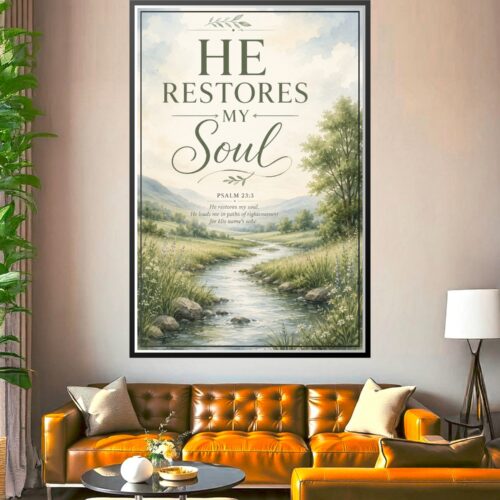 Serene watercolor poster with Psalm 23:3 scripture 'He Restores My Soul' in elegant script, surrounded by peaceful landscape with flowing stream, green mountains, and wildflowers.