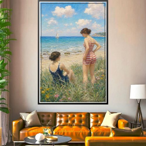 Impressionist beach scene with two women in vintage swimwear overlooking a sailboat on turquoise water with wildflowers and puffy clouds.