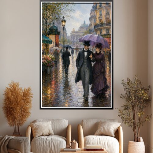 Impressionist painting of an elegant couple with purple umbrellas walking on a rainy Paris street with golden gaslight, wet cobblestones, and Sacré-Cœur dome in the distance.