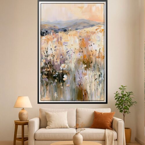 Impressionist wildflower meadow painting with soft golden light, lavender blooms, and rolling blue hills in the distance under warm sunset sky.