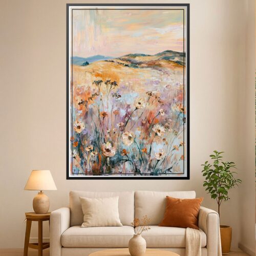 Impressionist wildflower meadow painting with golden fields, colorful flowers, and rolling hills under soft pink and blue sky.