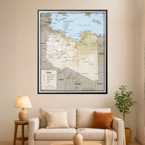 Political map of Libya showing international boundaries, Baladiyah municipalities, cities, roads, and neighboring countries including Tunisia, Algeria, Niger, Chad, Sudan, and Egypt.