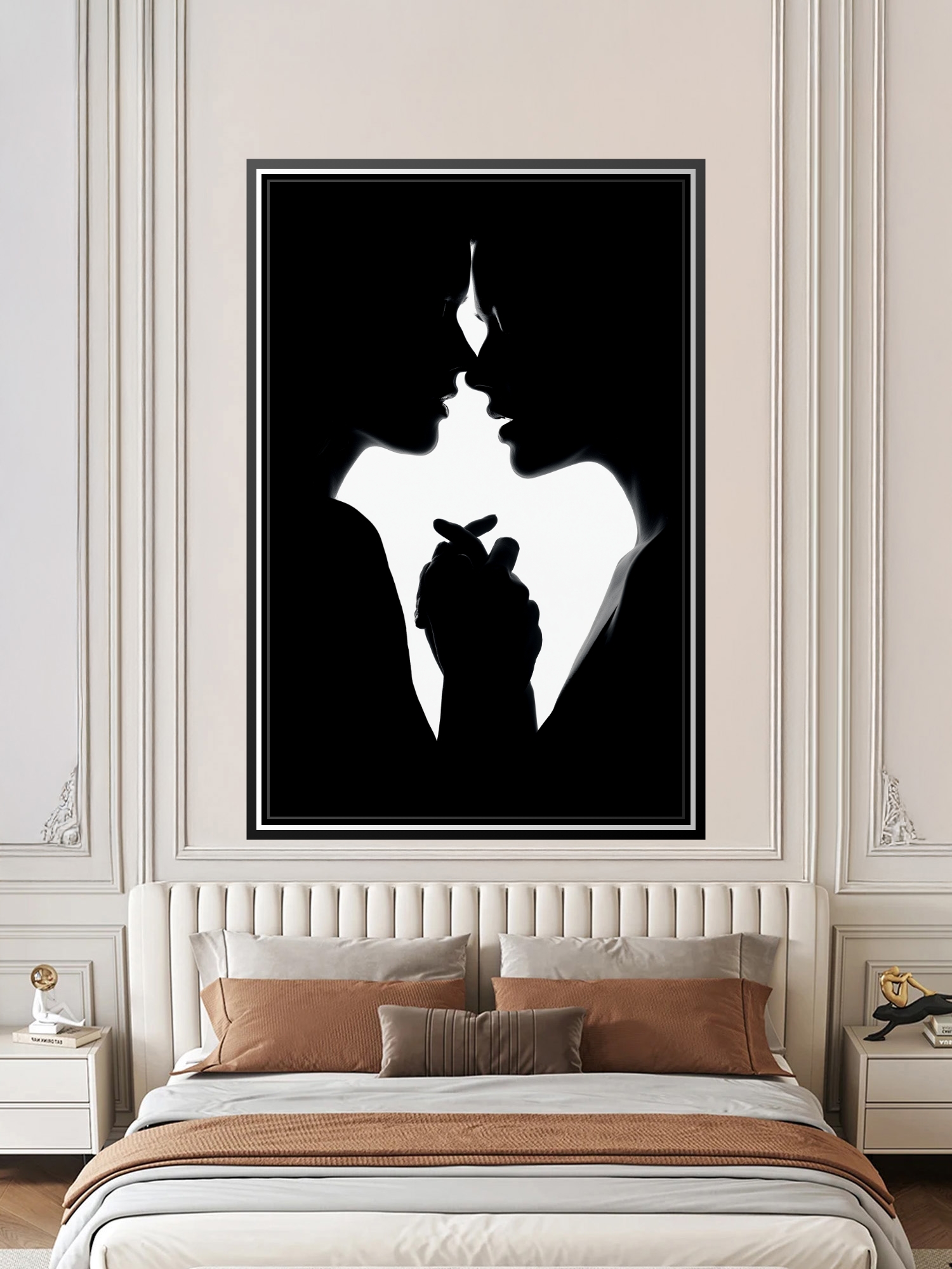 Black and white lineart silhouette of Evil Queen with dramatic profile and elegant posture against stark background.