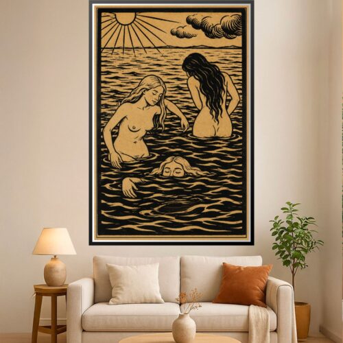 Lineart illustration of three mermaids bathing in ocean waves with radiating sun and clouds in classical woodcut style on tan background.