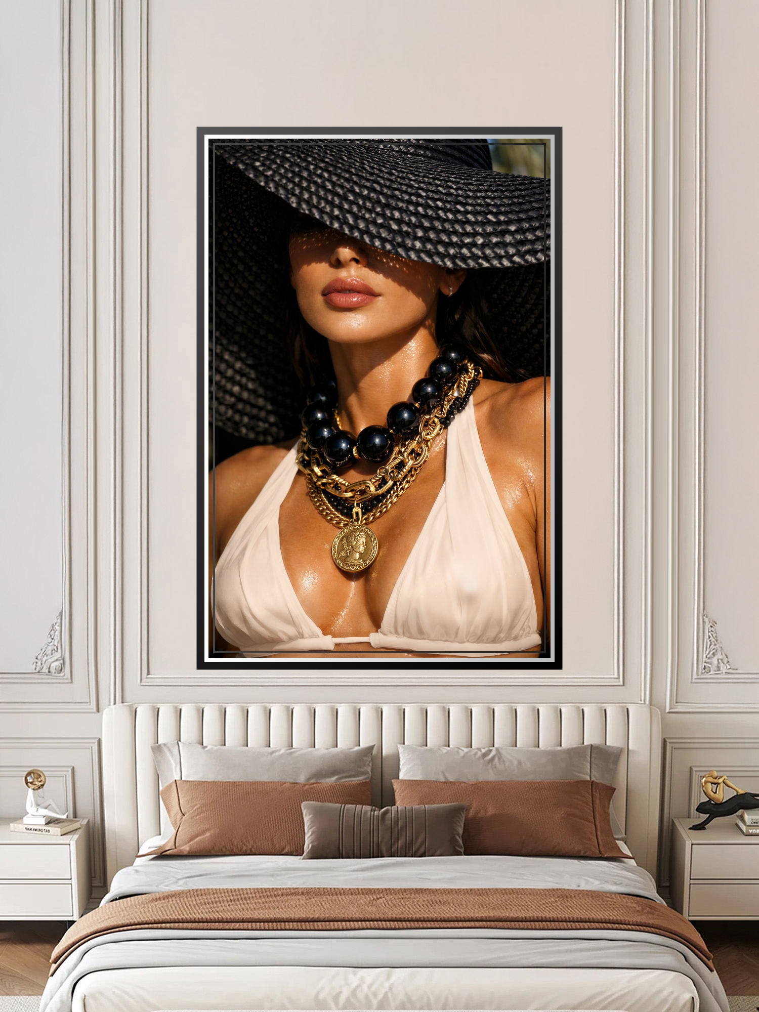 Sultry photographic fashion portrait of a woman wearing a wide black hat, white halter top, and maximalist gold chain necklaces with black pearl details against dramatic lighting.