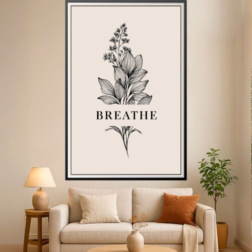 Minimalist line-art botanical poster featuring delicate flowering stems with leaves and the word BREATHE centered on a soft neutral background.