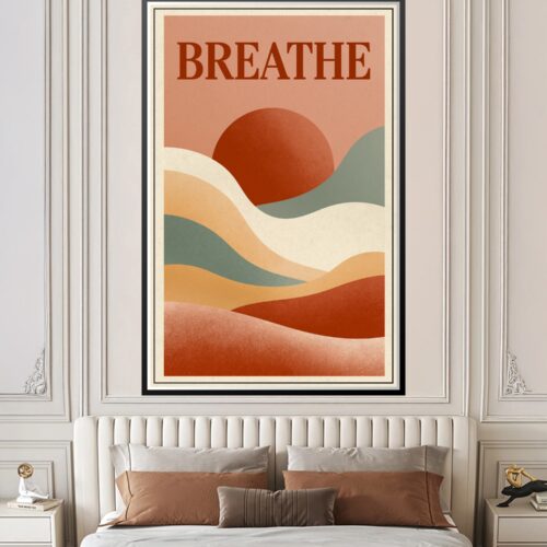 Minimalist wall art poster with layered rolling hills in rust, sage, cream, and terracotta tones, with the word BREATHE in bold typography at the top.