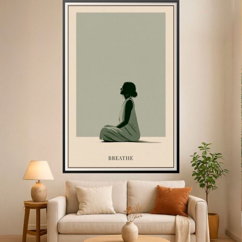 Minimalist silhouette of a seated figure in profile against a sage-green background with the word Breathe beneath, calming wall art.