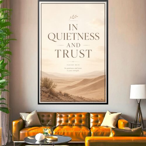 Minimalist wall art poster with Isaiah 30:15 verse in elegant typography over serene desert landscape with warm taupe and cream tones.