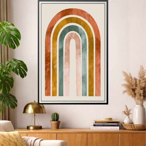 Minimalist retro rainbow arch with concentric layers in terracotta, mustard, sage, and blush on cream background.