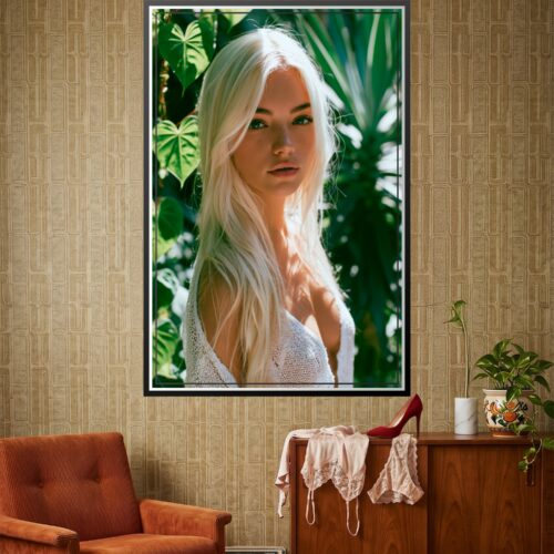 Modern pin-up portrait of a platinum-haired woman with bold makeup surrounded by lush green tropical foliage, striking confident gaze.