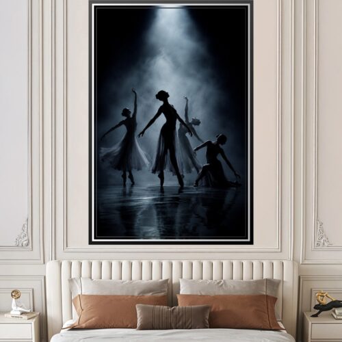 Silhouette of four graceful ballet dancers in dramatic noir style against moody blue-grey atmospheric lighting with wet reflective floor.