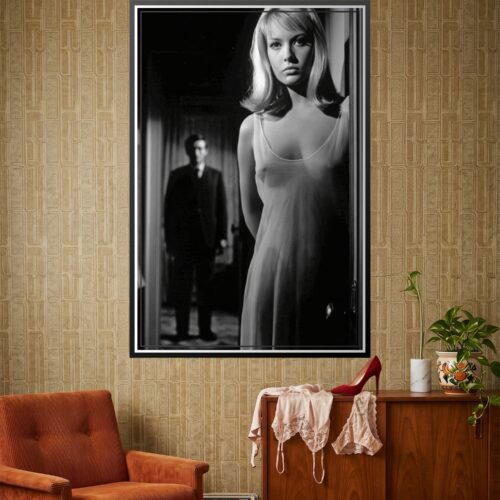Black and white noir film still poster showing a blonde woman in a nightgown near a doorway with a distant figure in shadows, 1960s cinematic drama wall art.