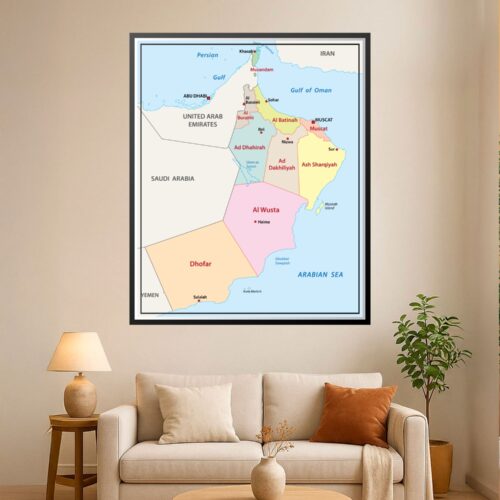 Political map of Oman showing 11 governorates with color-coded regions, labeled cities including Muscat and Dhofar, and surrounding countries and water bodies.