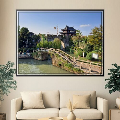 Photographic wall art of Pan Gate in Suzhou, China—historic stone city wall with traditional pavilion, arched bridge, weeping willows, and serene waterway.