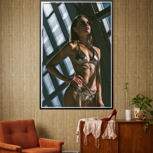 Sultry editorial portrait of a woman in metallic gold strappy bikini and aviator sunglasses, posed confidently against dramatic geometric window lighting and moody teal background, professional photography wall art.