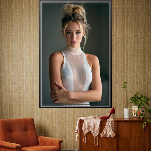 Photorealistic portrait of a confident woman with tousled blonde bun and sheer mesh top against neutral backdrop, ready-to-frame wall art print.