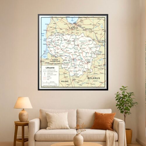 Political map of Lithuania showing international boundaries, county regions, major cities, railways, expressways, and roads with geographic detail and clear labeling.