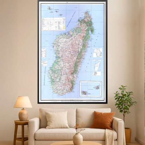 Detailed political map of Madagascar showing regional boundaries, cities, towns, and surrounding islands with color-coded regions and geographic labels.