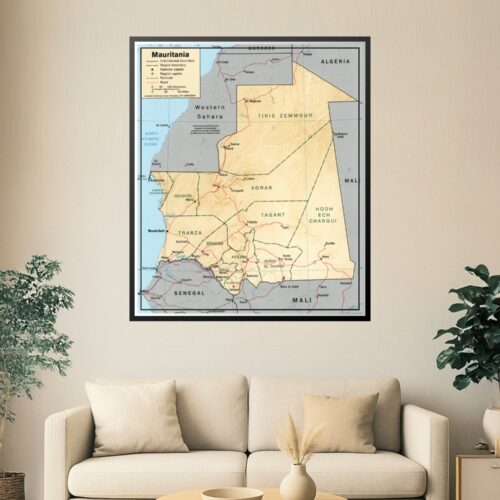 Political map of Mauritania showing regional boundaries, major cities, and neighboring countries including Morocco, Algeria, Mali, and Senegal with clear geographic detail.