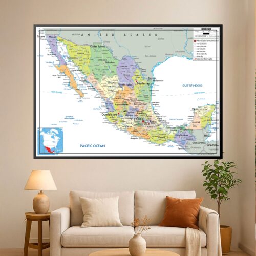 Political map of Mexico displaying all 31 states in color-coded regions with capitals, major cities, and geographic boundaries clearly labeled.
