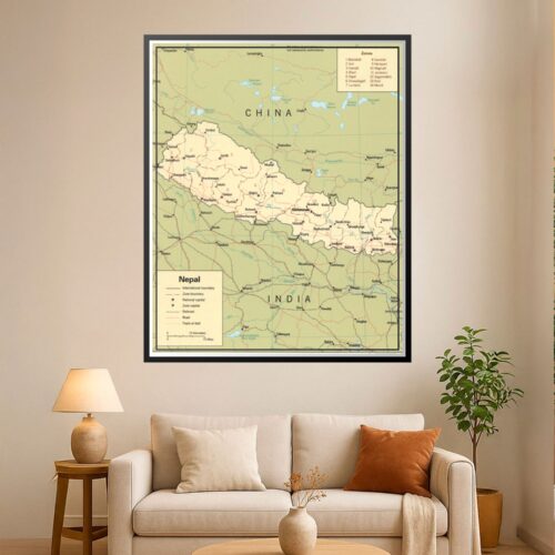 Political map of Nepal showing 14 administrative zones, major cities, international borders with China and India, railroads, roads, and geographic details on cream and sage background.