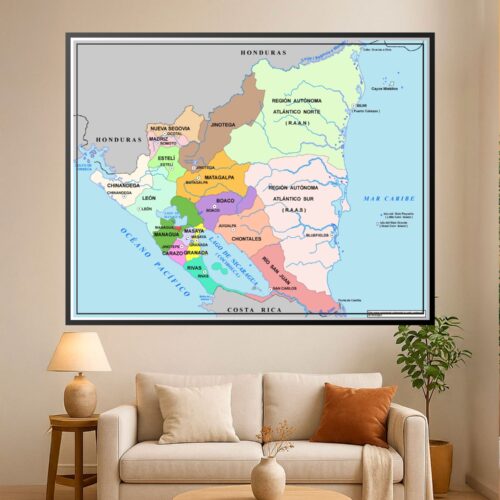 Detailed political map of Nicaragua showing color-coded departments, autonomous regions, cities, and coastlines along the Caribbean Sea and Pacific Ocean.