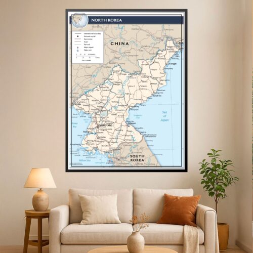 Political map of North Korea showing cities, international boundaries, transportation networks, and surrounding regions including China, Russia, South Korea, and the Sea of Japan.