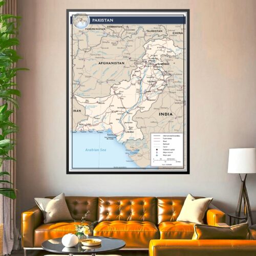 Political map of Pakistan showing international boundaries, major cities, highways, railways, and airports with clear geographic detail and legend.