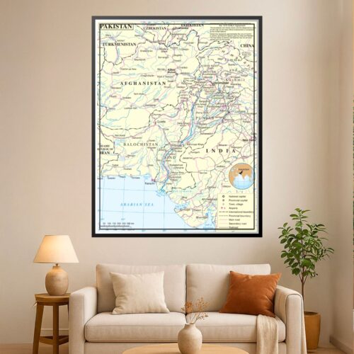 Political map of Pakistan showing provinces, major cities, international borders, and geographic features with cream background and detailed labeling.